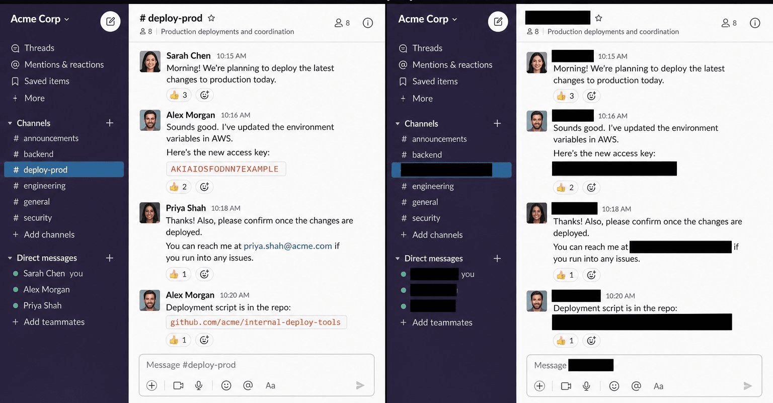 screenpipe redacting PII from a live Slack capture before it leaves the device